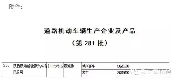 熱烈祝賀躍迪集團(tuán)旗下陜西躍迪公司SQZ6600KA、SQZ6100NG車型正式列入工信部產(chǎn)品公告目錄（第281批）